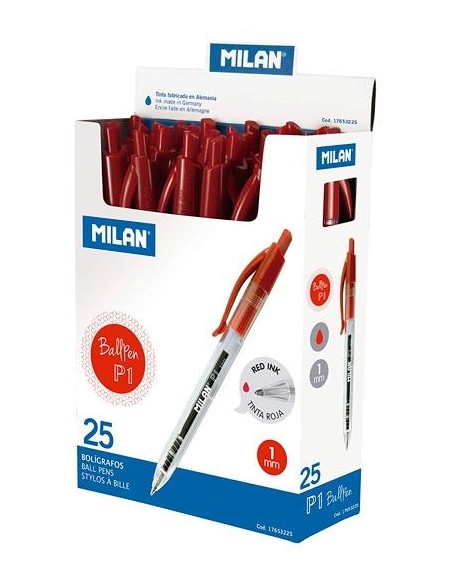 MILAN BOLÍGRAFO P1 CUERPO TRANSPARENTE ROJO -CAJA EXP 25U-