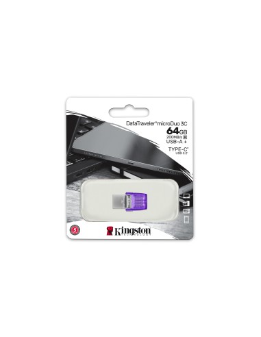 DataTraveler microDuo 3C unidad flash USB 64 GB USB Type-A / USB Type-C 3.2 Gen 1 (3.1 Gen 1) Púrpura, Acero inoxidable