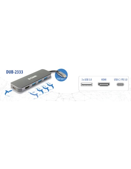 DUB-2333 base para portátil y replicador de puertos Alámbrico USB Tipo C Gris