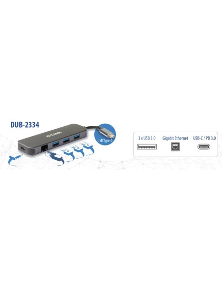 DUB-2334 base para portátil y replicador de puertos Alámbrico USB Tipo C Gris