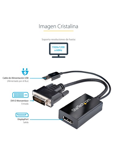 Adaptador DVI a DisplayPort Alimentado por USB - Conversor DVI a DisplayPort - Convertidor DVI-D a DP - 1920x1200