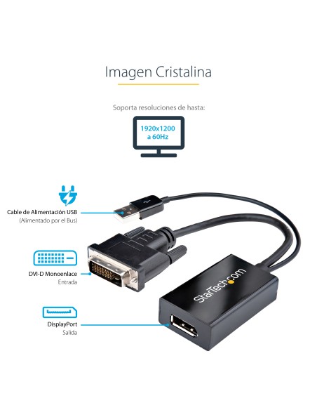 Adaptador DVI a DisplayPort Alimentado por USB - Conversor DVI a DisplayPort - Convertidor DVI-D a DP - 1920x1200