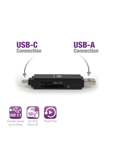 EW1075 lector de tarjeta USB 3.2 Gen 1 (3.1 Gen 1) Type-A/Type-C Negro