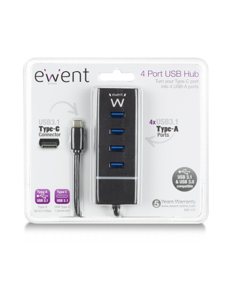 EW1137 hub de interfaz USB 3.2 Gen 1 (3.1 Gen 1) Type-C 5000 Mbit/s Negro