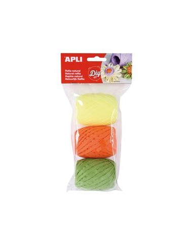 Blister 3 ovillos rafia natural tonos fluorescentes amarillo naranja y verde 30m