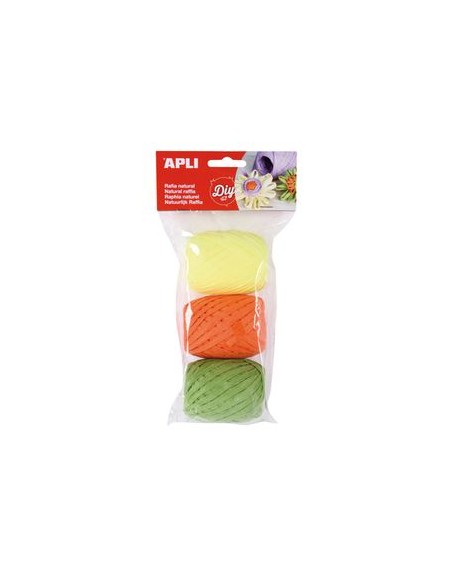 Blister 3 ovillos rafia natural tonos fluorescentes amarillo naranja y verde 30m