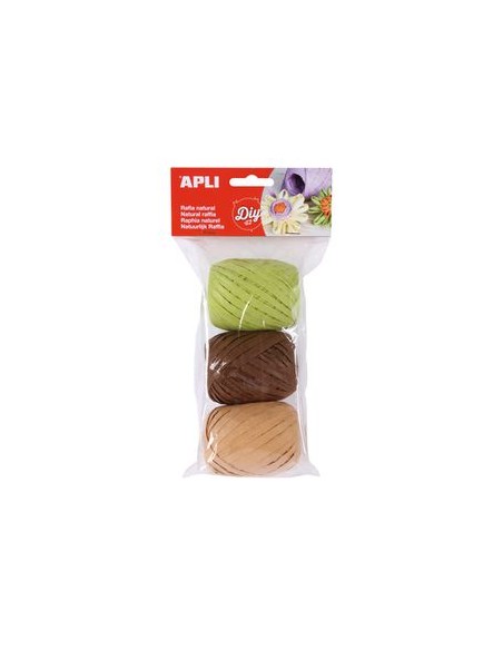 Blister 3 ovillos rafia natural tonos nature verde crema y marron chocolate 30 m