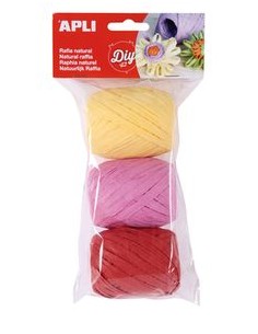 Blister 3 ovillos rafia natural tonos candy amarillo claro granate y rosa 30m