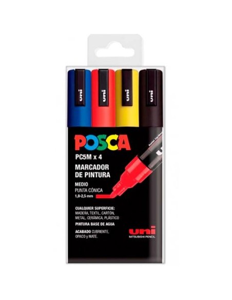 UNIBALL MARCADOR POSCA PC-5M/4C NO PERMANENTE 1.8MM-2.5MM COLORES SURTIDOS BASIC -ESTUCHE 4U-