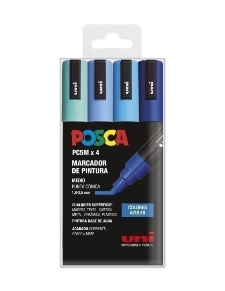 UNIBALL MARCADOR POSCA PC-5M/4C NO PERMANENTE 1.8MM-2.5MM COLORES SURTIDOS AZULES -ESTUCHE 4U-