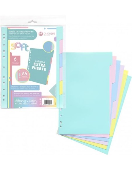 Bolsa separadores a4 soft extra fuerte 6 pestanas colores pastel multitaladro