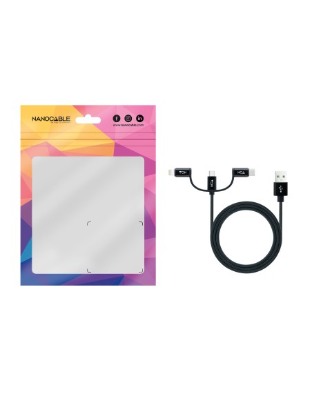 Cable USB 3 en 1 Carga/Datos USB-A a USB-C/Micro USB/Lightning 1 m, Negro