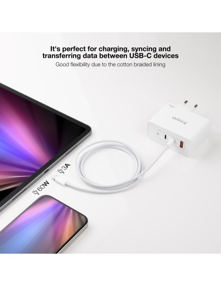 Cable USB-C 2.0 60W 3A, USB-C/M-USB-C/M, Blanco, 1 m