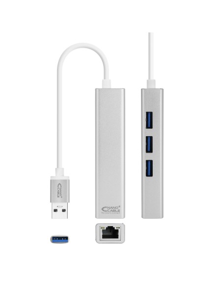 Conversor USB 3.0 a Ethernet Gigabit + 3xUSB 3.0, Plata, 15 cm