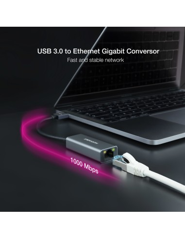 Conversor USB 3.0 a Ethernet Gigabit 10/100/1000 Mbps, Aluminio, Gris, 15 cm