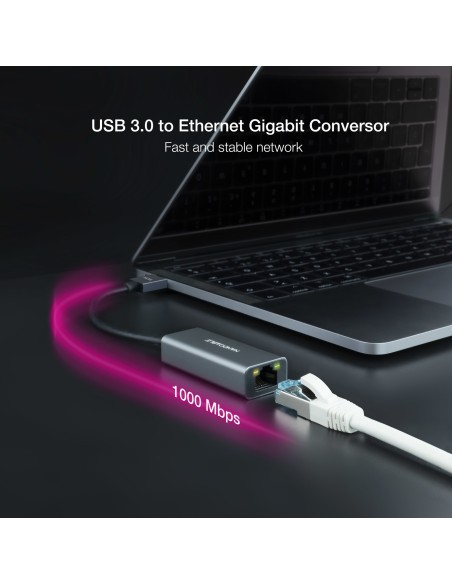 Conversor USB 3.0 a Ethernet Gigabit 10/100/1000 Mbps, Aluminio, Gris, 15 cm
