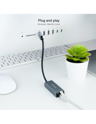 Conversor USB 3.0 a Ethernet Gigabit 10/100/1000 Mbps, Aluminio, Gris, 15 cm