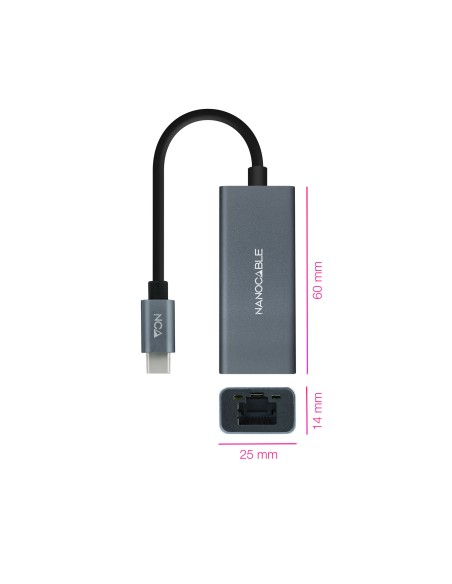 Conversor USB-C a Ethernet Gigabit 10/100/1000 Mbps, Aluminio, Gris, 15 cm