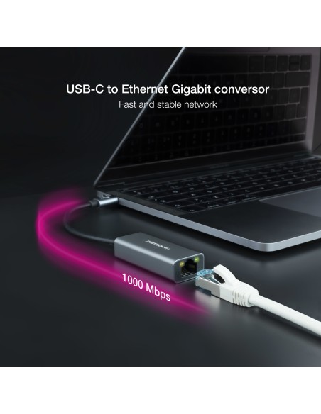 Conversor USB-C a Ethernet Gigabit 10/100/1000 Mbps, Aluminio, Gris, 15 cm