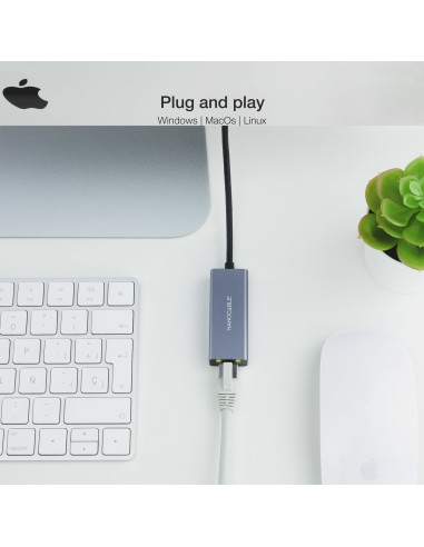 Conversor USB-C a Ethernet Gigabit 10/100/1000 Mbps, Aluminio, Gris, 15 cm