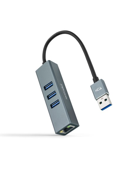 Conversor USB 3.0 a Ethernet Gigabit + 3XUSB 3.0, Aluminio, Gris, 15 cm
