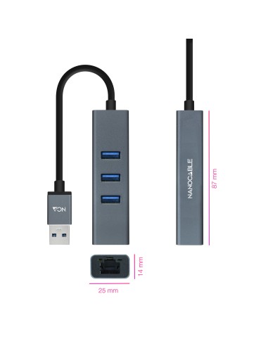 Conversor USB 3.0 a Ethernet Gigabit + 3XUSB 3.0, Aluminio, Gris, 15 cm