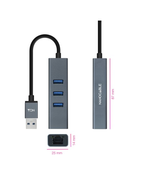 Conversor USB 3.0 a Ethernet Gigabit + 3XUSB 3.0, Aluminio, Gris, 15 cm