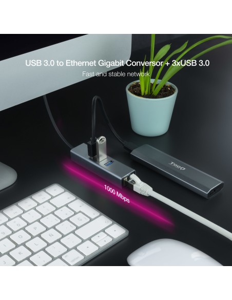 Conversor USB 3.0 a Ethernet Gigabit + 3XUSB 3.0, Aluminio, Gris, 15 cm