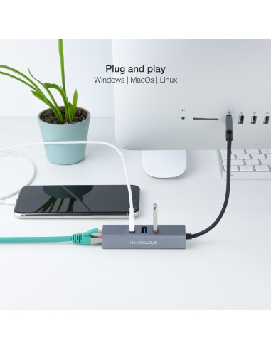 Conversor USB 3.0 a Ethernet Gigabit + 3XUSB 3.0, Aluminio, Gris, 15 cm