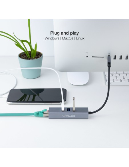 Conversor USB 3.0 a Ethernet Gigabit + 3XUSB 3.0, Aluminio, Gris, 15 cm