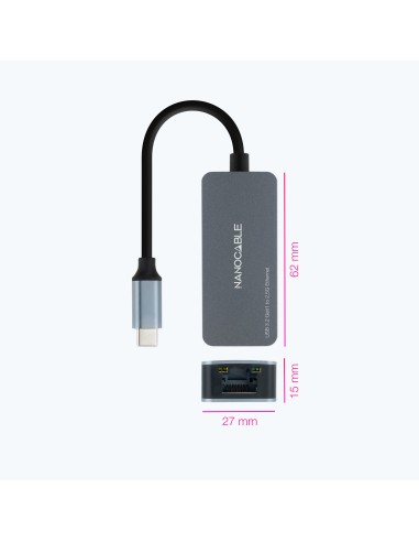 Conversor USB-C 3.2 GEN1 a Ethernet 2.5G, Aluminio, Gris, 15 cm