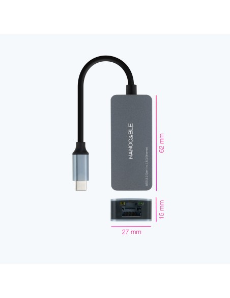 Conversor USB-C 3.2 GEN1 a Ethernet 2.5G, Aluminio, Gris, 15 cm