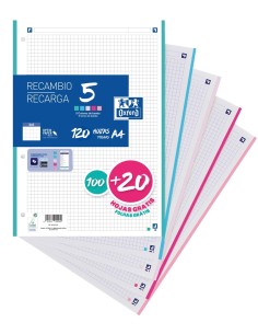 Recambio 5 multicolor a4 10020h 90g 4 taladros cuadricula 5x5 con 5 colores de banda pastel