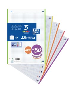 Recambio 5 multicolor A4 20050h 90g 4 taladros cuadricula 5x5 con 5 colores de banda vivos