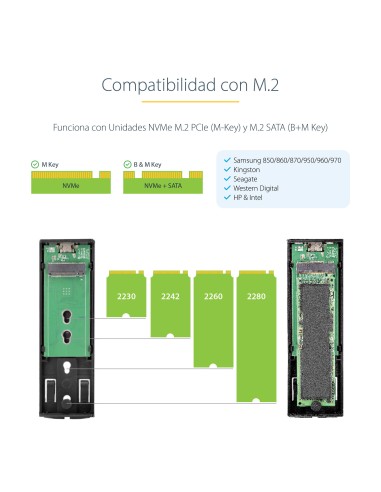 Caja Externa de Aluninio USB-C 10Gbps a NVMe M.2 o SSD M.2 SATA - Sin Herramientas para SSD M.2 NGFF PCIe/SATA - con Cables USB