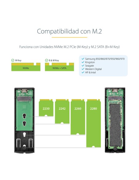 Caja Externa de Aluninio USB-C 10Gbps a NVMe M.2 o SSD M.2 SATA - Sin Herramientas para SSD M.2 NGFF PCIe/SATA - con Cables USB