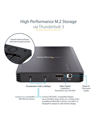 Caja Thunderbolt 3&trade  de 4 Bahías NVMe M.2 para SSD, con 1 Puerto de Vídeo DisplayPort y 2 Thunderbolt 3, 40gbps, con Fuent