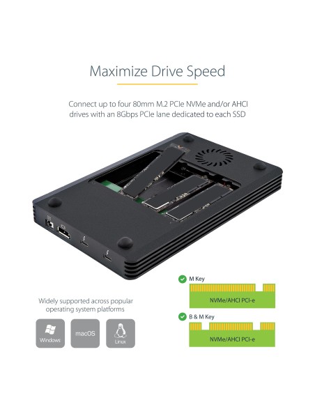 Caja Thunderbolt 3&trade  de 4 Bahías NVMe M.2 para SSD, con 1 Puerto de Vídeo DisplayPort y 2 Thunderbolt 3, 40gbps, con Fuent