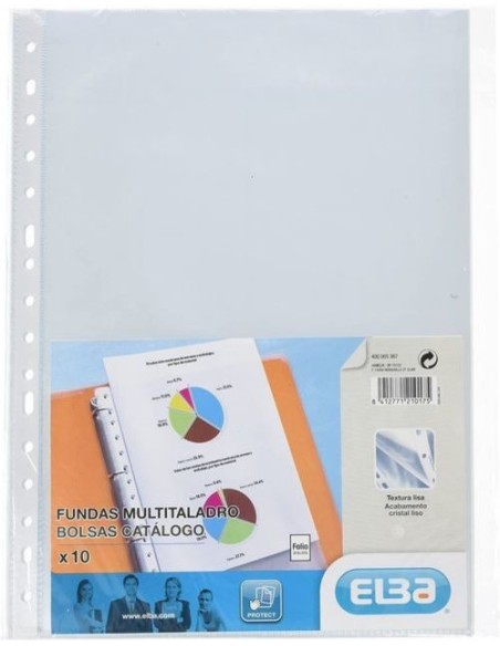 Paq 10 fundas portadocumentos A4 multitaladro polipropileno 70 micras cristal