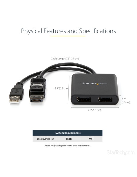 Hub MST de 2 Puertos DisplayPort 1.2 - Divisor Splitter DP de 2 Monitores - Adaptador DP a 2x DisplayPort 4K 30Hz - Alimentado 