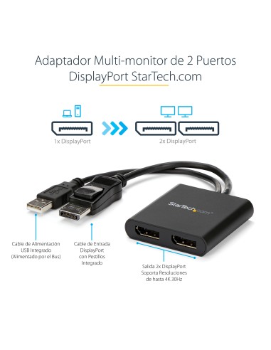 Hub MST de 2 Puertos DisplayPort 1.2 - Divisor Splitter DP de 2 Monitores - Adaptador DP a 2x DisplayPort 4K 30Hz - Alimentado 