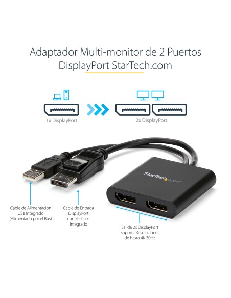 Hub MST de 2 Puertos DisplayPort 1.2 - Divisor Splitter DP de 2 Monitores - Adaptador DP a 2x DisplayPort 4K 30Hz - Alimentado 