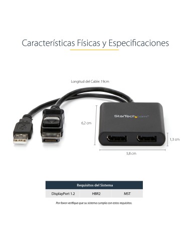 Hub MST de 2 Puertos DisplayPort 1.2 - Divisor Splitter DP de 2 Monitores - Adaptador DP a 2x DisplayPort 4K 30Hz - Alimentado 