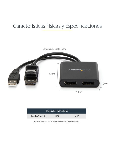 Hub MST de 2 Puertos DisplayPort 1.2 - Divisor Splitter DP de 2 Monitores - Adaptador DP a 2x DisplayPort 4K 30Hz - Alimentado 