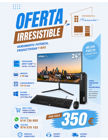 OFERTA: EQUIPO COMPLETO PC LENOVO COMPACTO Y POTENTE (REACONDICIONADO)