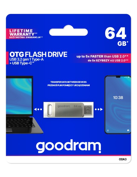 ODA3 unidad flash USB 64 GB USB Type-A / USB Type-C 3.2 Gen 1 (3.1 Gen 1) Plata