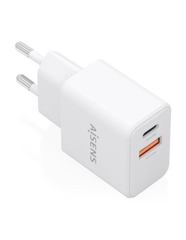 Cargador GaN 20W, 1xUSB-C PD3.0, 1xUSB-A QC3.0, Blanco