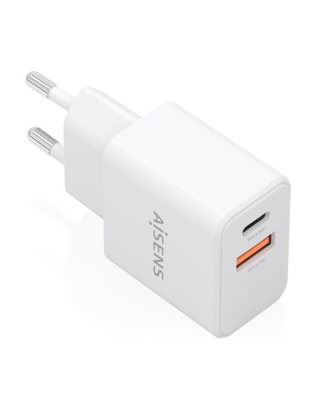 Cargador GaN 20W, 1xUSB-C PD3.0, 1xUSB-A QC3.0, Blanco