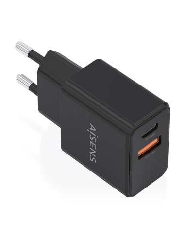 Cargador GaN 20W, 1xUSB-C PD3.0, 1xUSB-A QC3.0, Negro