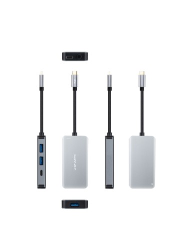 HUB USB-C 5 en 1, Conversor 3.2 GEN1 5G a 3 x USB-A 3.0 + USB-C + USB-C PD 100W, Aluminio, 15 cm, Gris